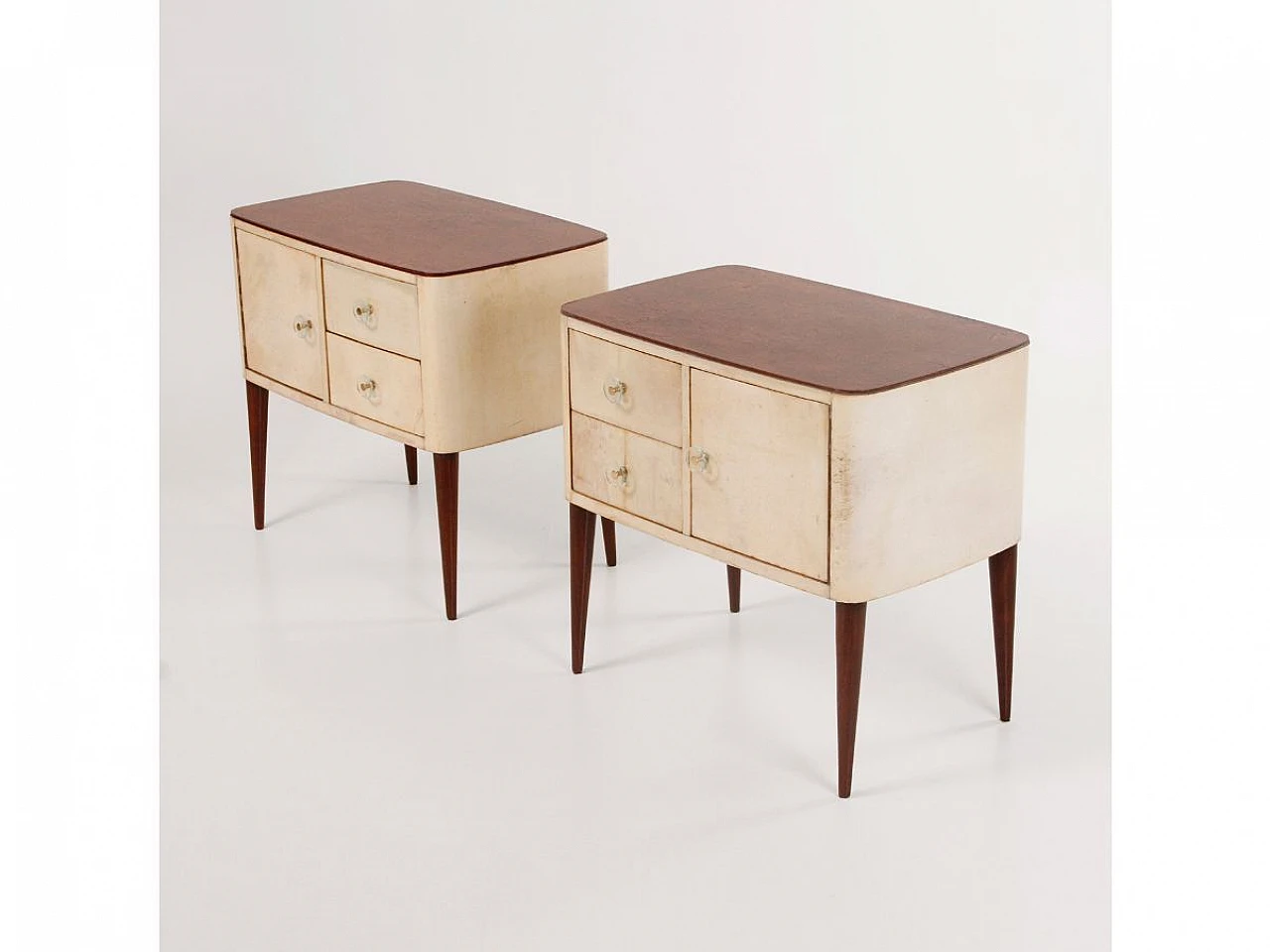 Pair of briar-root and parchment bedside tables, 1950s 4