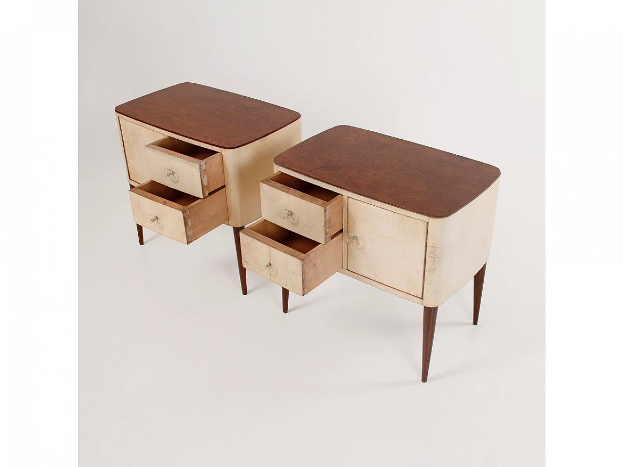 Pair of briar-root and parchment bedside tables, 1950s 5