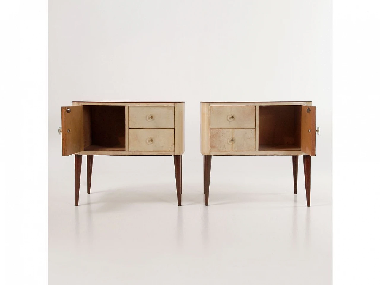 Pair of briar-root and parchment bedside tables, 1950s 6