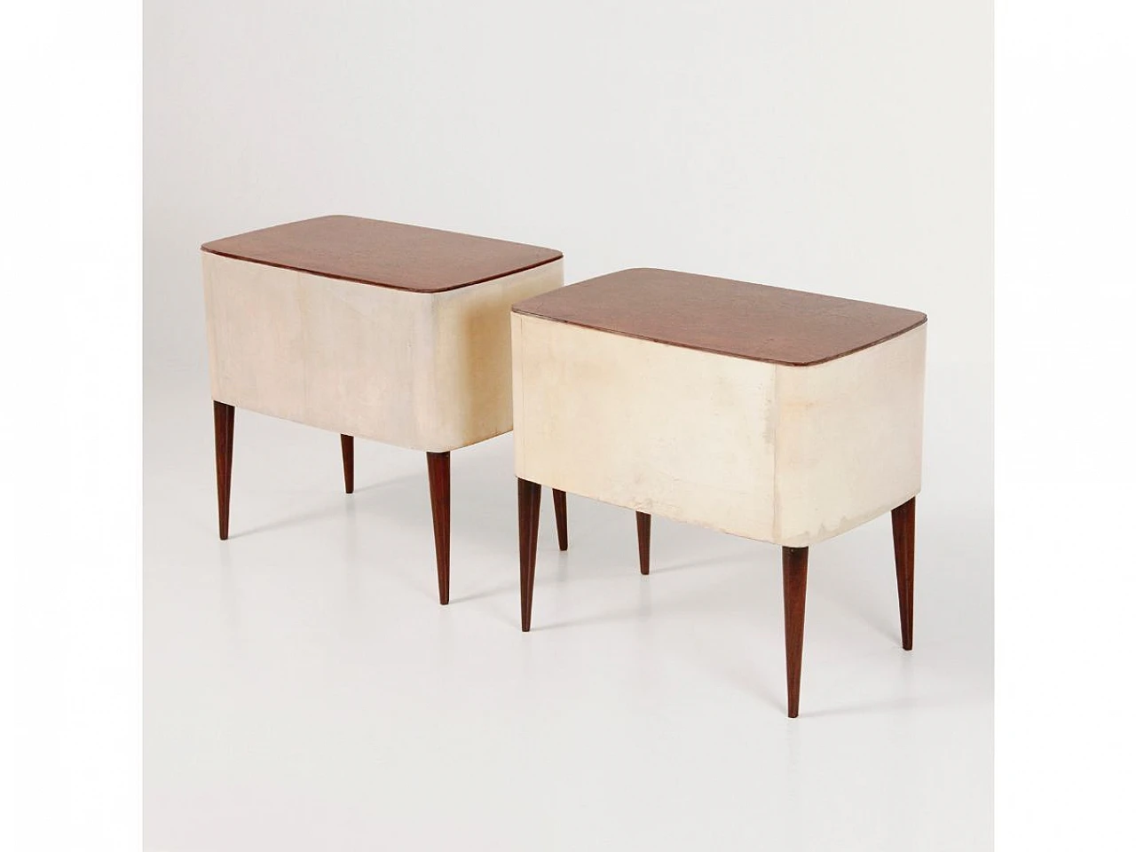 Pair of briar-root and parchment bedside tables, 1950s 7