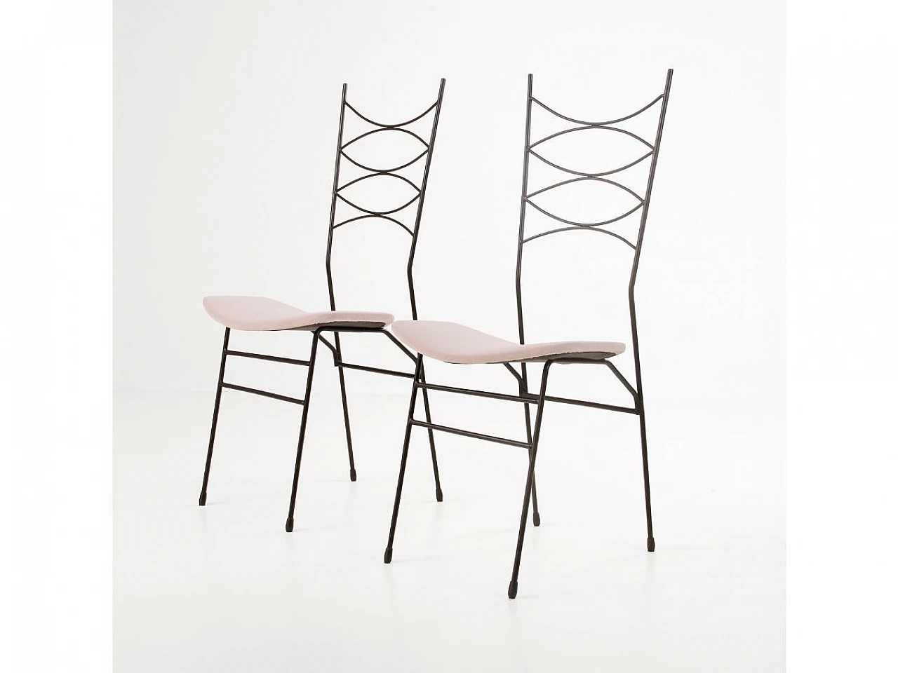 Pair of French chairs in black metal and pink velvet, 1950s 1