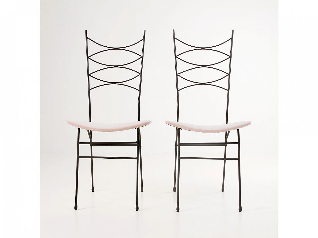 Pair of French chairs in black metal and pink velvet, 1950s 6