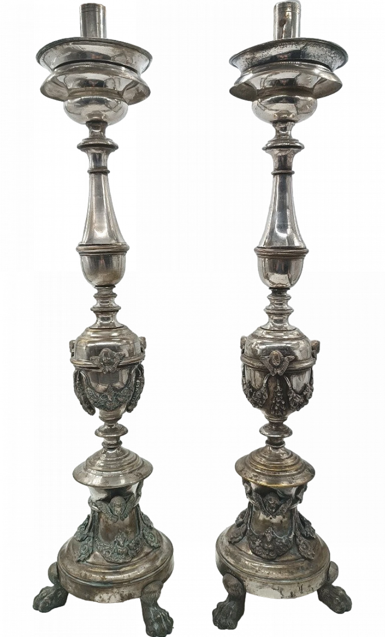 Pair of Empire silvered metal candlesticks, early 19th century 2