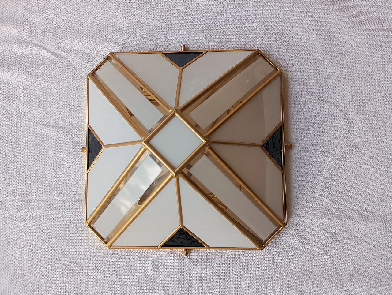 Pyramid wall light with white opaline glass and gold metal, 70s 1