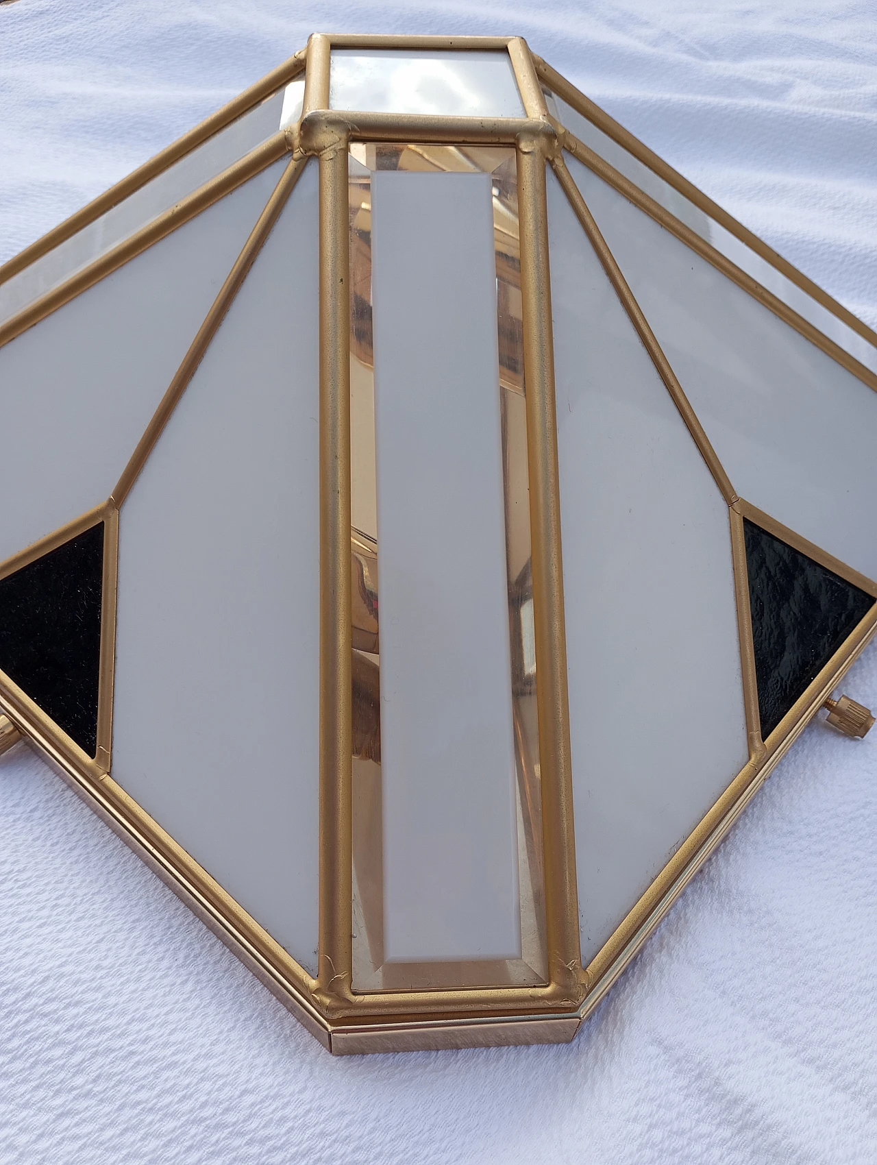 Pyramid wall light with white opaline glass and gold metal, 70s 4