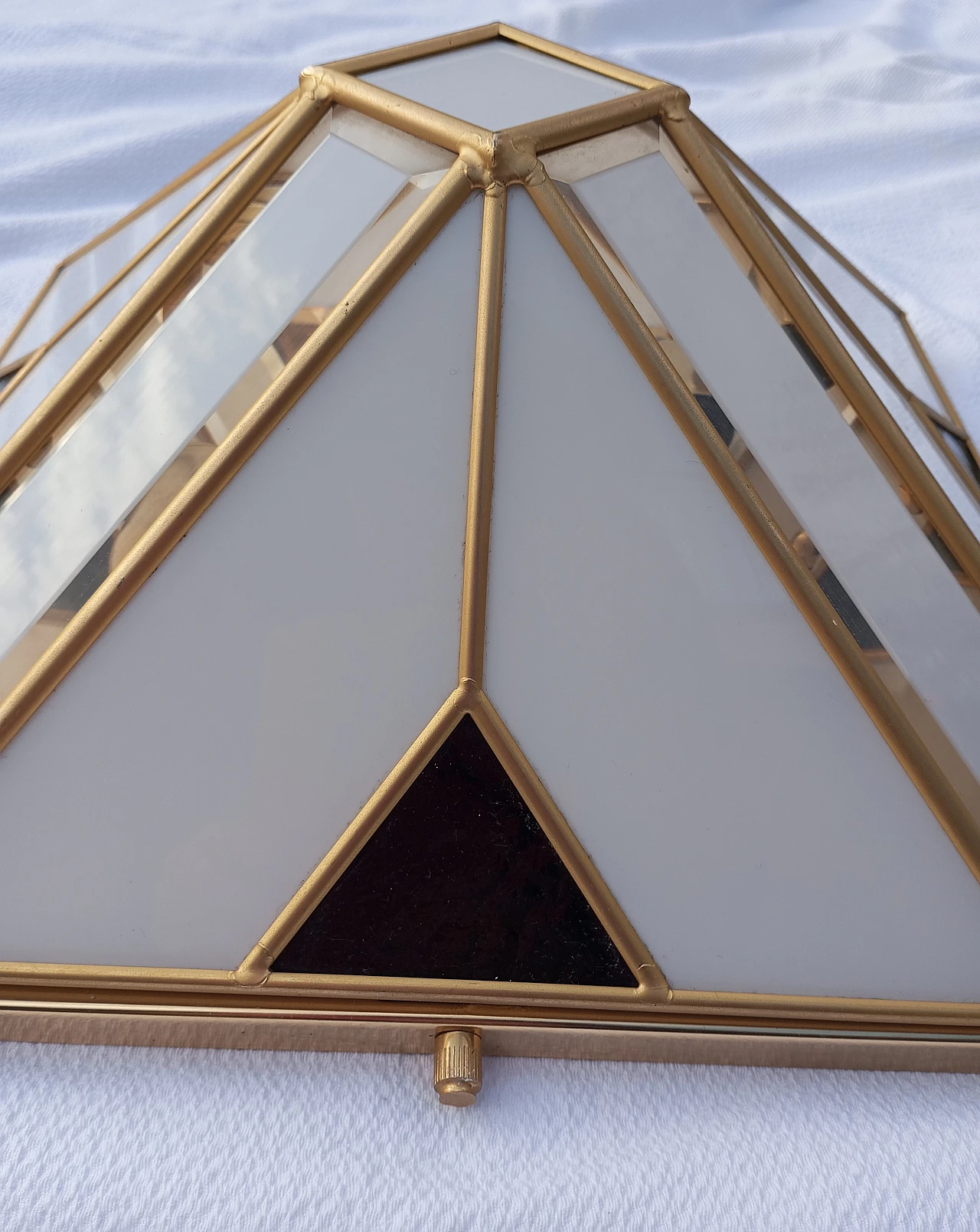 Pyramid wall light with white opaline glass and gold metal, 70s 5