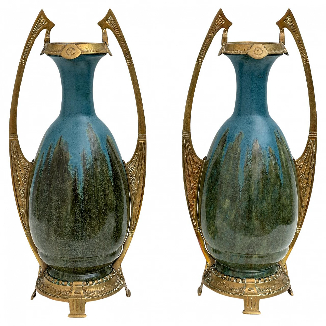 Pair of Art Nouveau ceramic and bronze vases, early 20th century 1