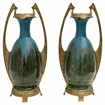 Coppia di vasi Art Nouveau in ceramica e bronzo, inizio '900