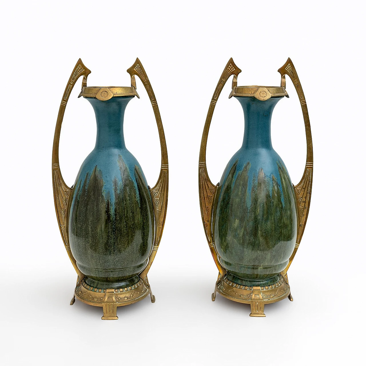 Coppia di vasi Art Nouveau in ceramica e bronzo, inizio '900 2