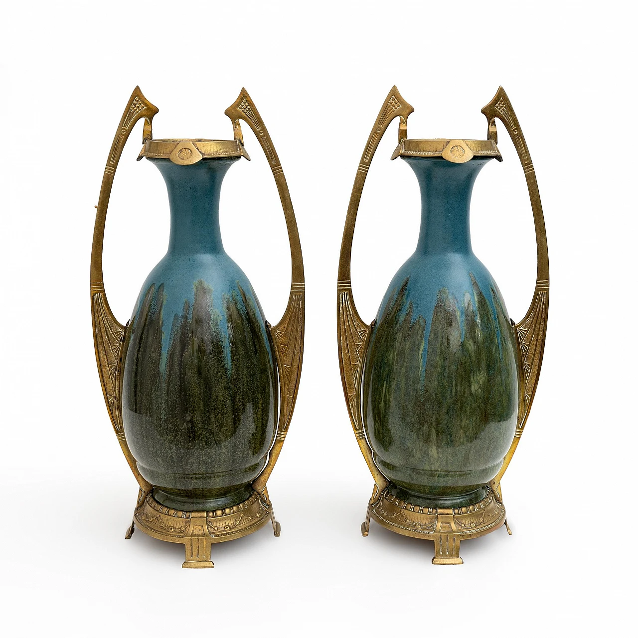 Pair of Art Nouveau ceramic and bronze vases, early 20th century 4