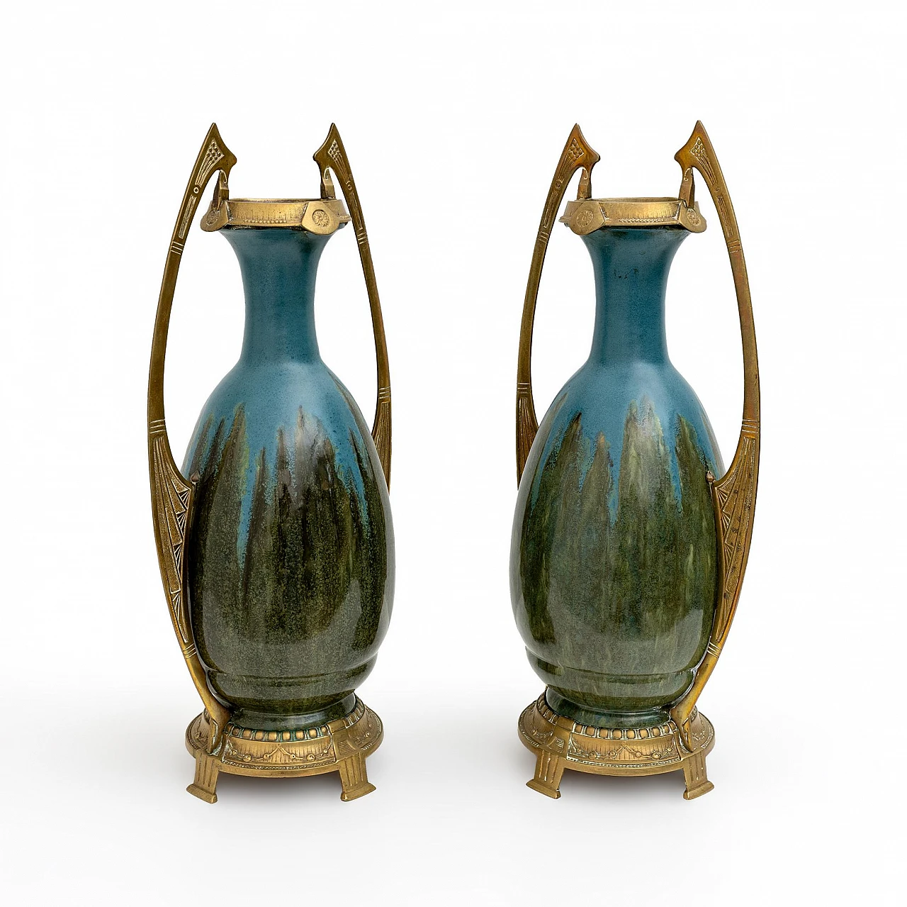 Pair of Art Nouveau ceramic and bronze vases, early 20th century 6