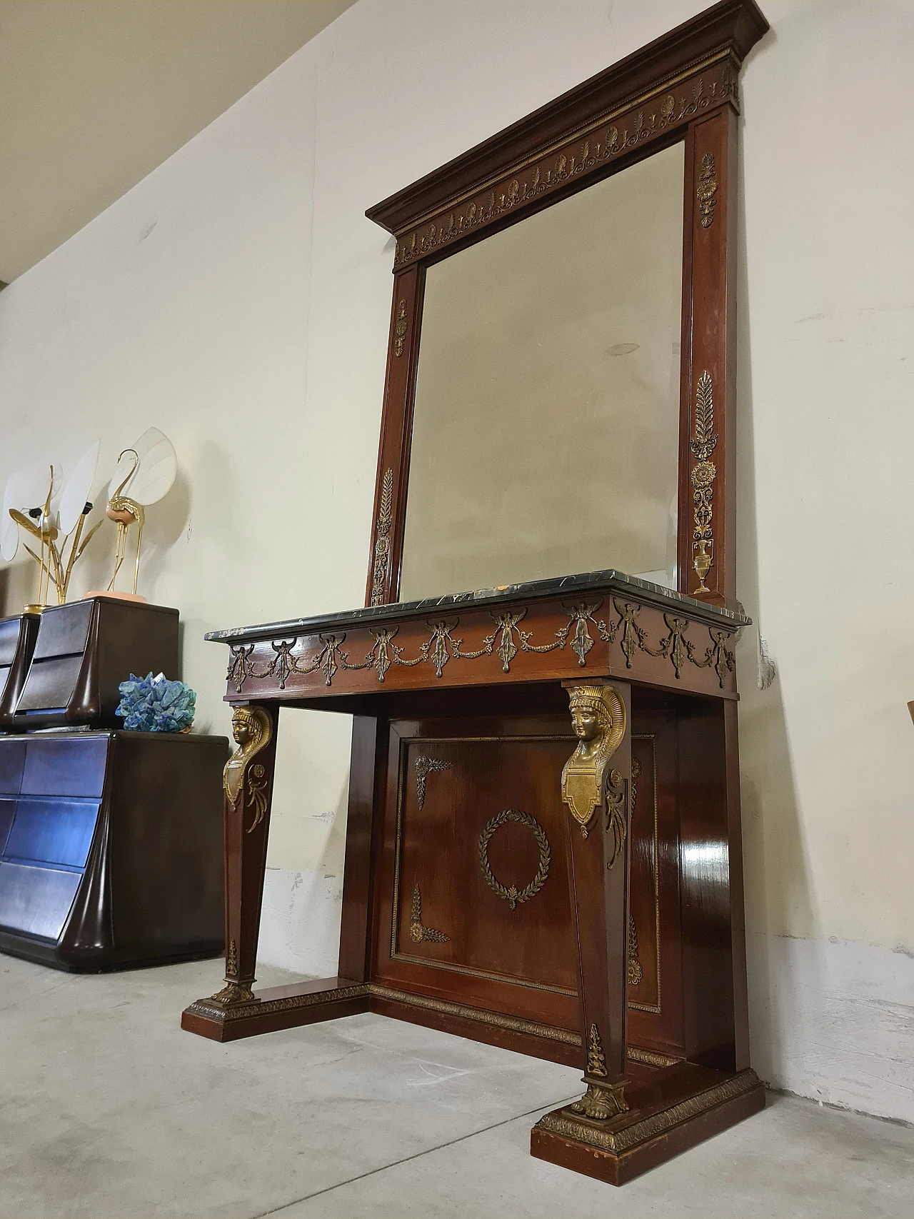 Empire console with mirror & portoro marble top, 19th century 3