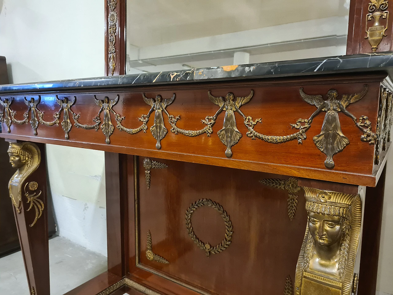 Empire console with mirror & portoro marble top, 19th century 5