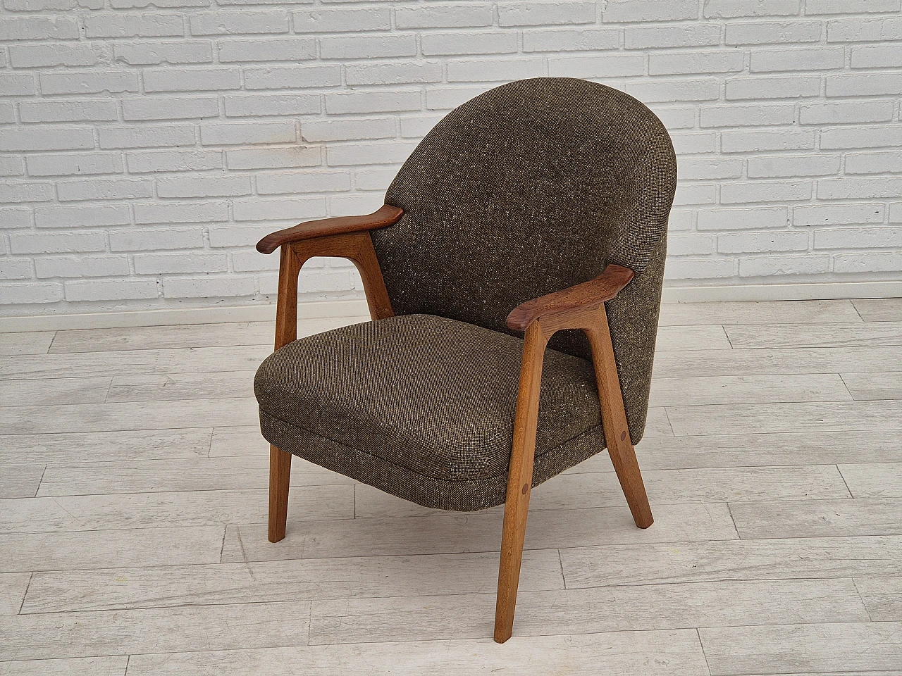 Danish armchair in teak with grey cotton & wool fabric covering, 1960s 12