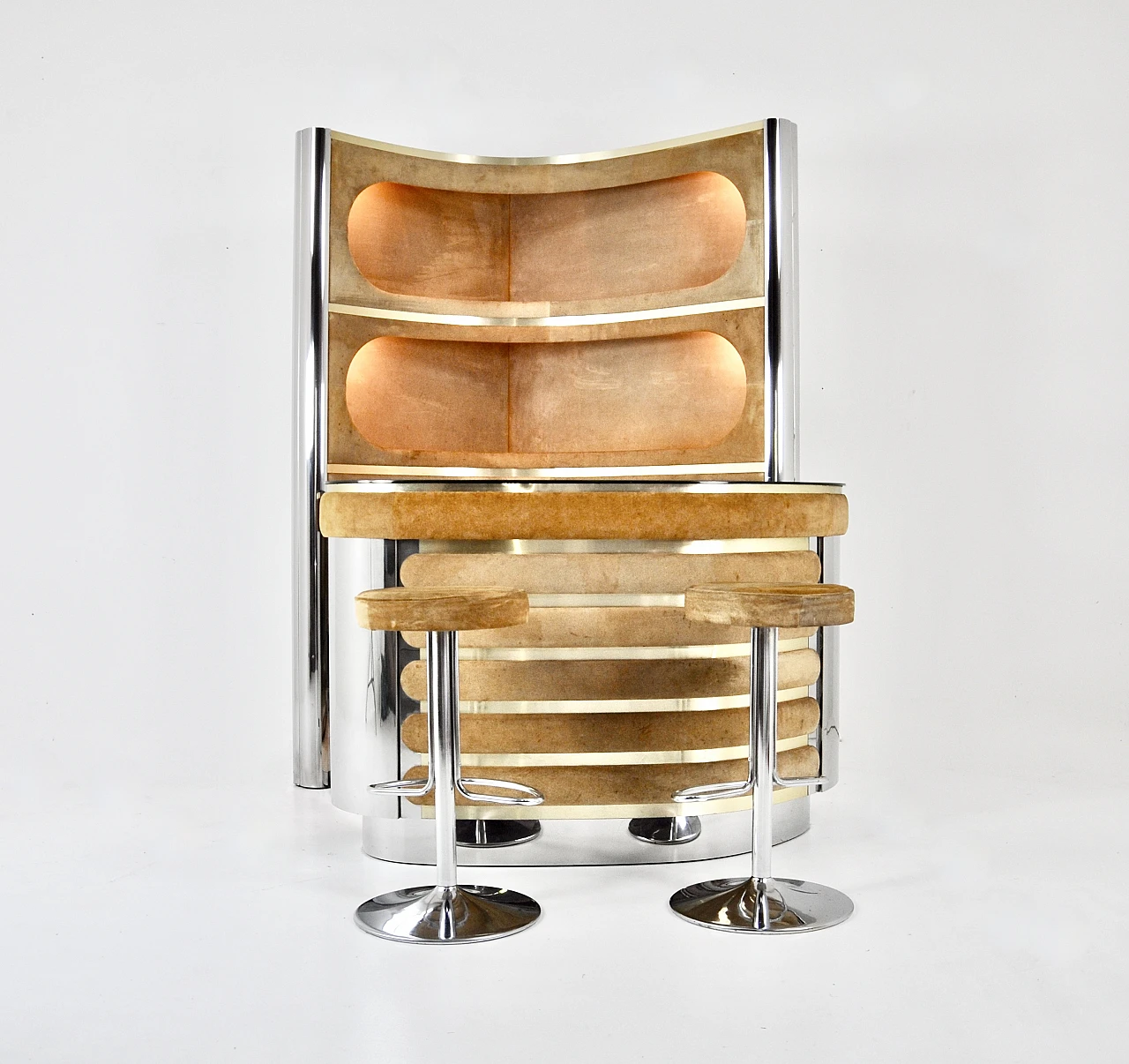 Bar cabinet & stools in suede & chromed metal in W. Rizzo style, 1970s 1