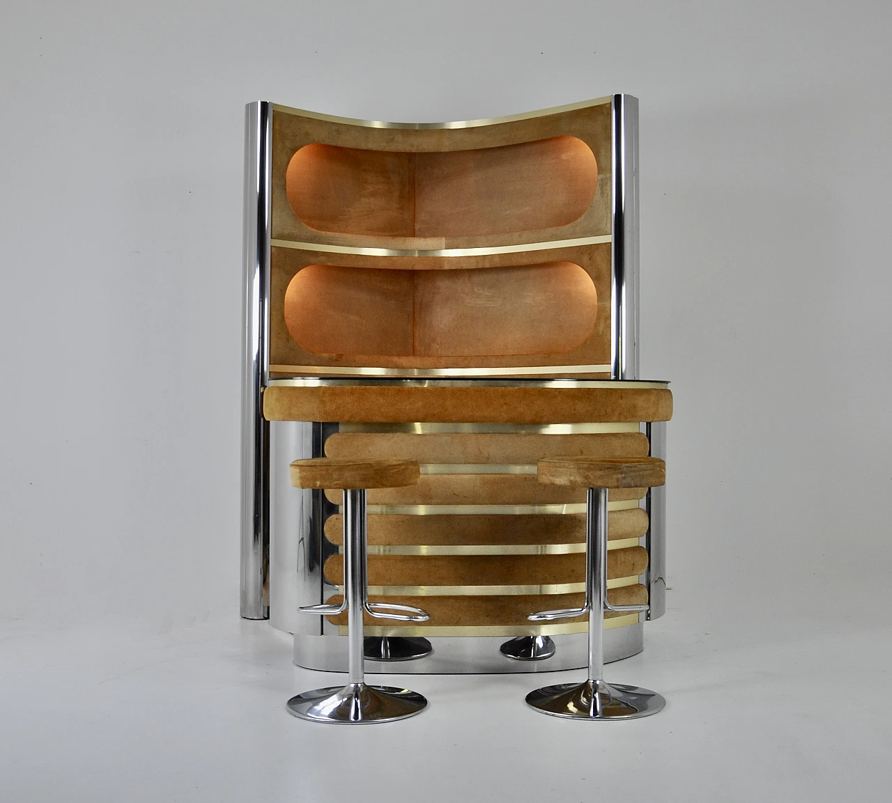 Bar cabinet & stools in suede & chromed metal in W. Rizzo style, 1970s 3