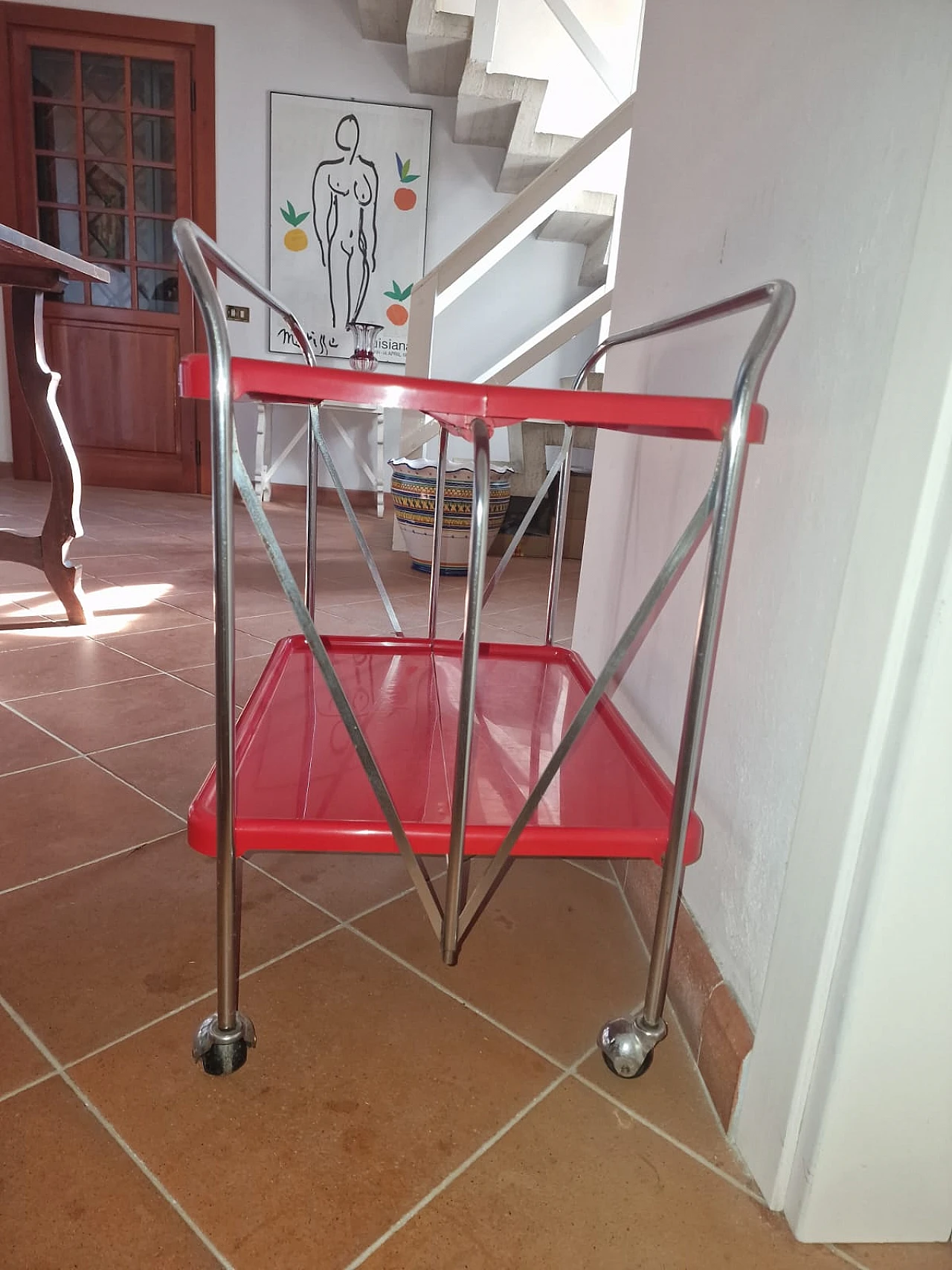 Folding bar cart in chromed steel & red plastic, 1970s 4