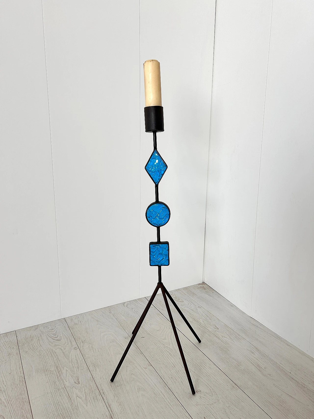 Wrought iron and glass floor candlestick, 1970s 3