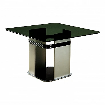 Tavolo con base in legno e metallo e piano in vetro fumé, anni '70