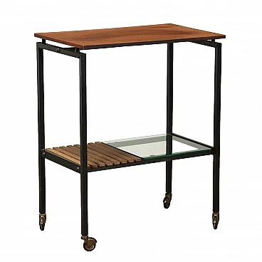 Double-top cart in teak, enamelled metal and glass, 1960s