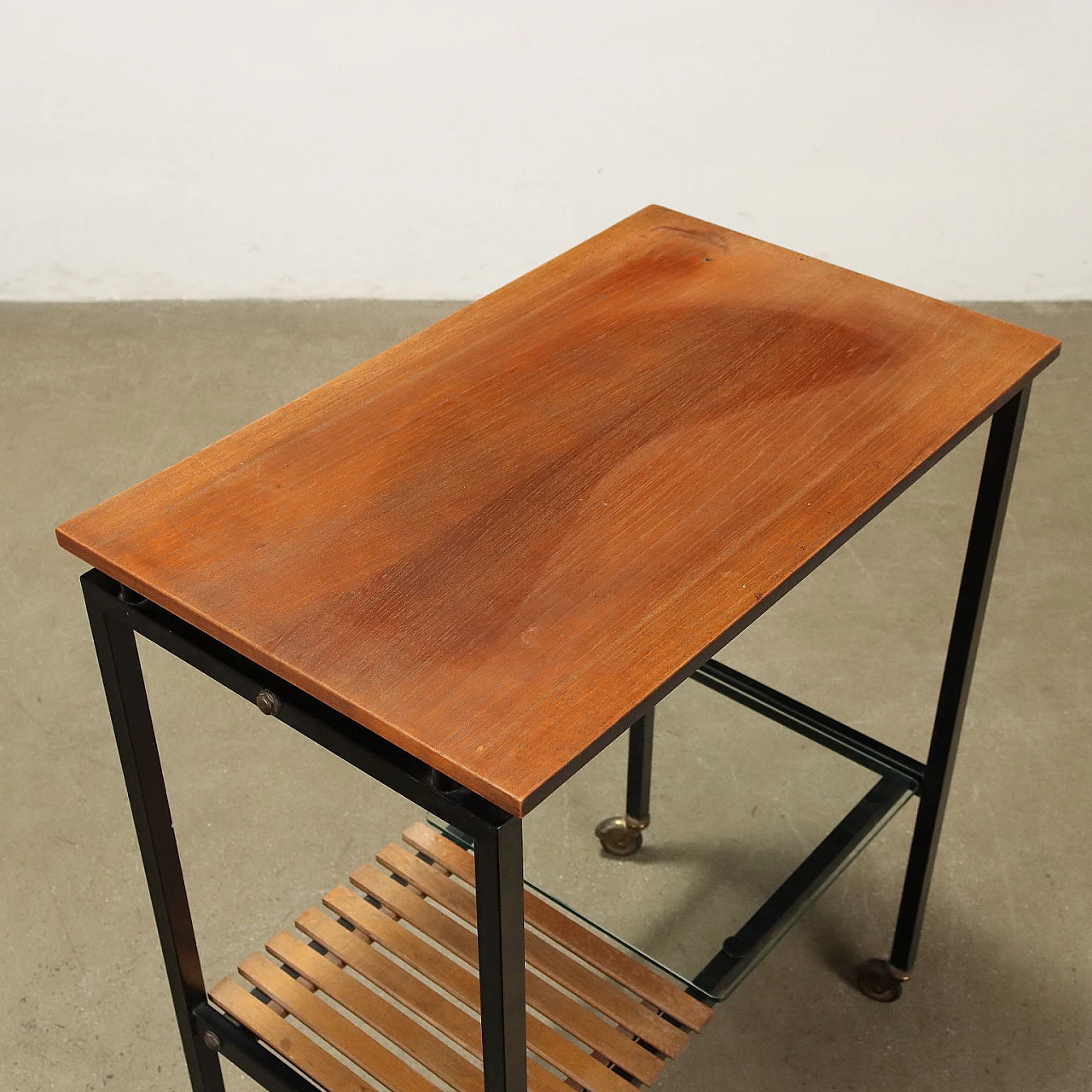 Double-top cart in teak, enamelled metal and glass, 1960s 3