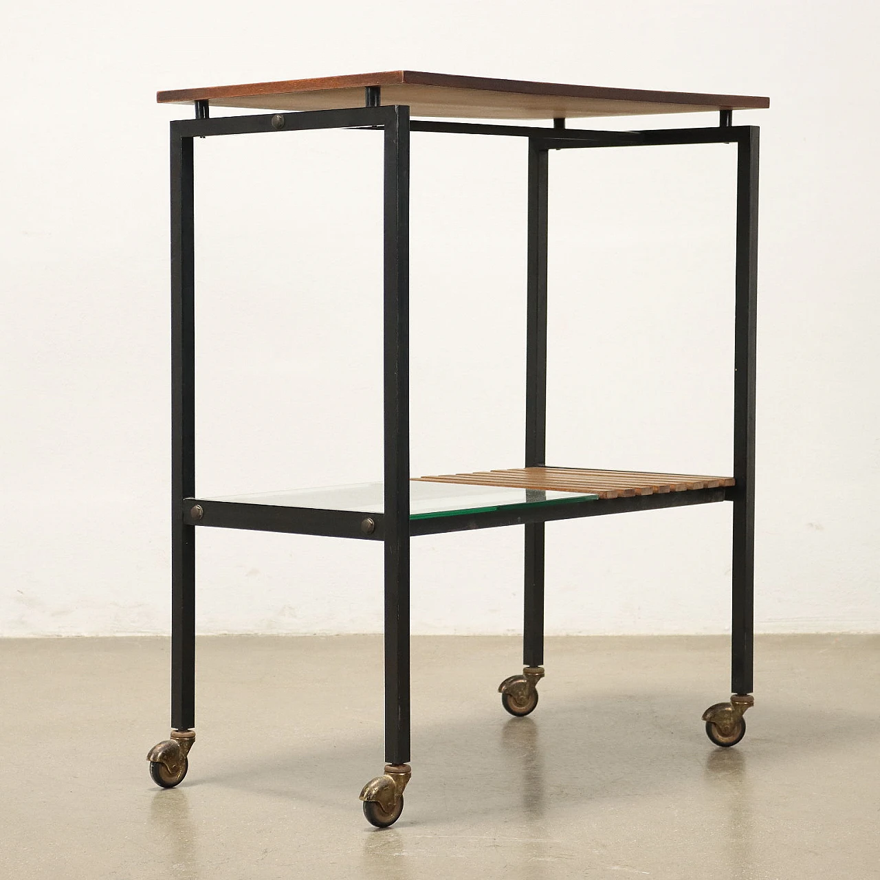 Double-top cart in teak, enamelled metal and glass, 1960s 7