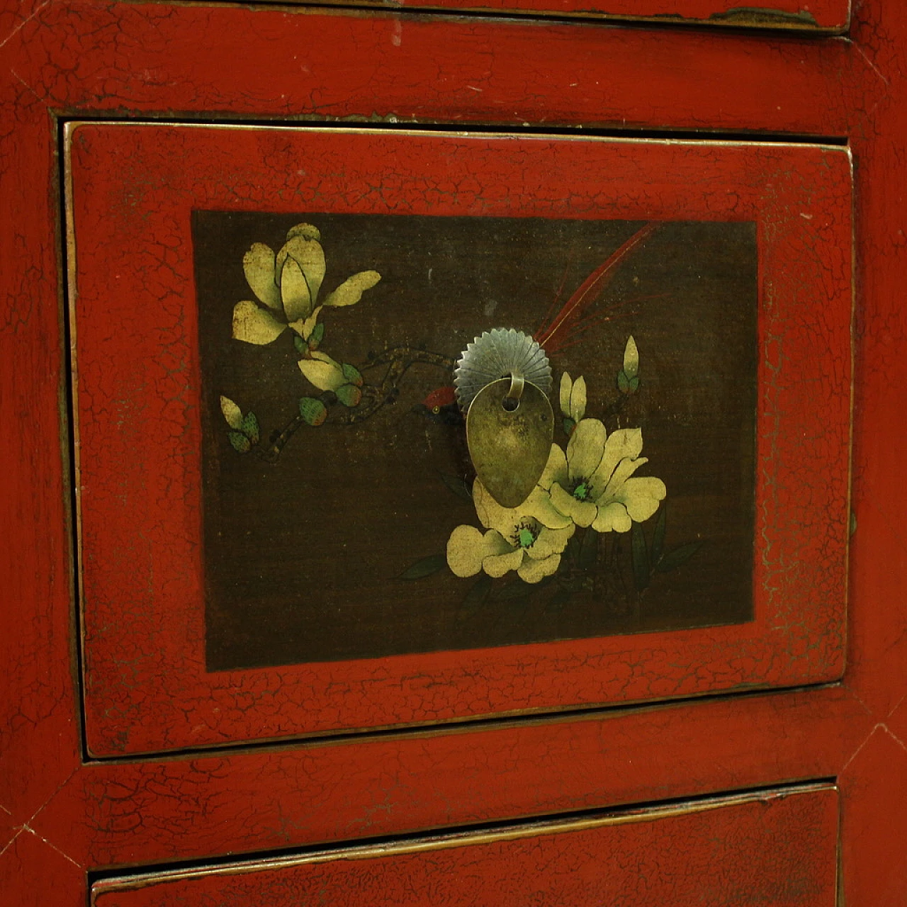 Chinese sideboard in red exotic wood with painted floral motifs 6