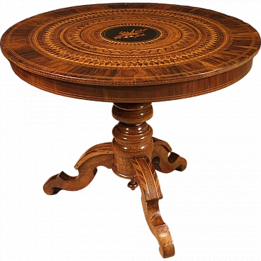 Sorrento table in wood inlaid with geometric patterns & floral motifs