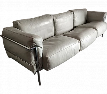 LC3 sofa in gray leather & steel by Le Corbusier for Alivar, 1980s