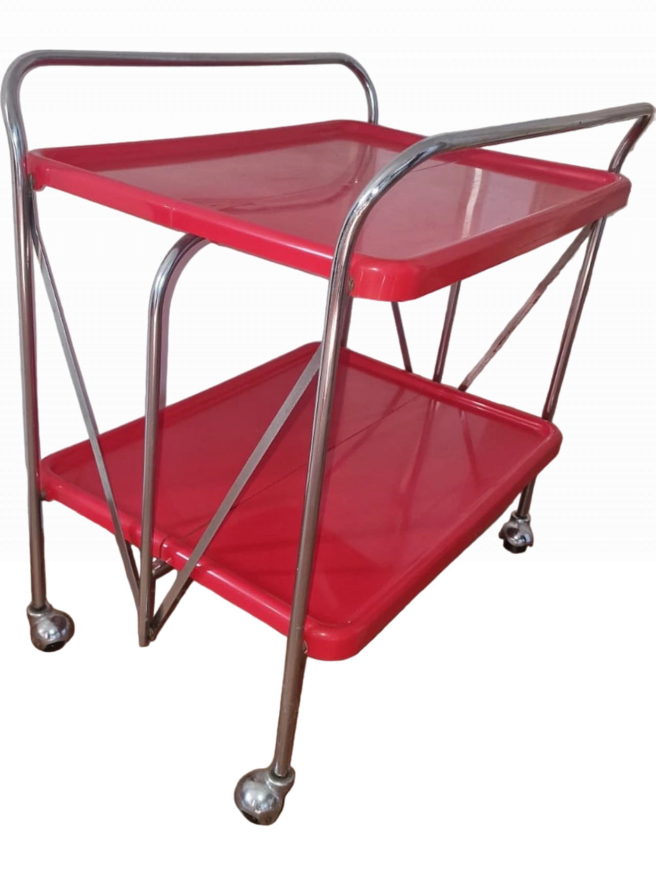 Carrello pieghevole in acciaio cromato e plastica rossa, anni '70 8