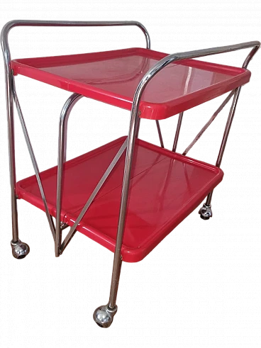 Folding bar cart in chromed steel & red plastic, 1970s