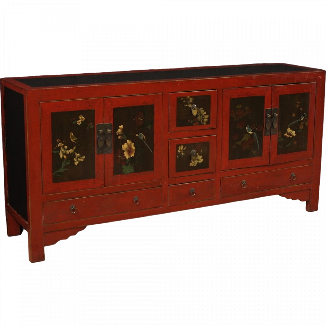 Credenza cinese in legno esotico rosso con motivi floreali dipinti 13