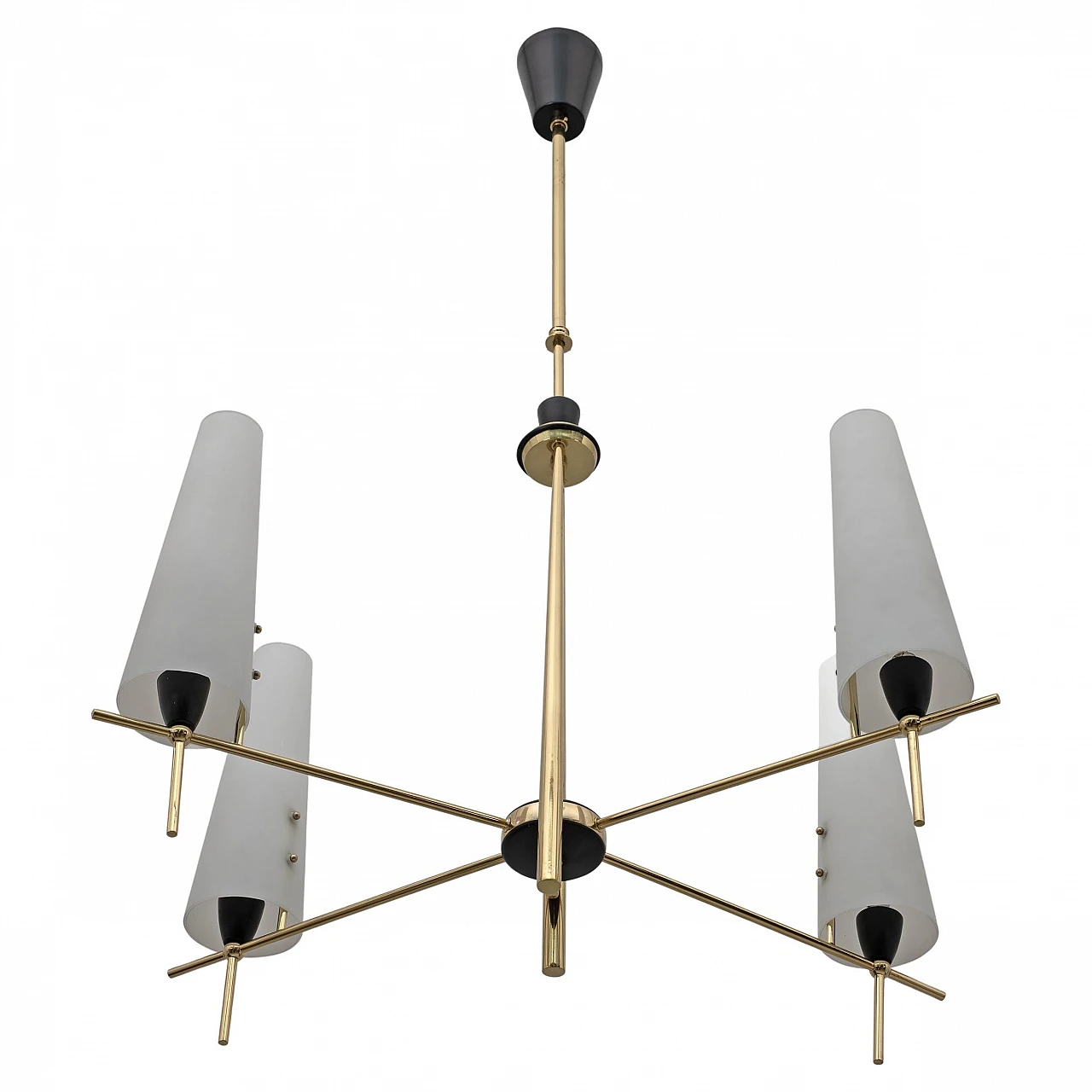 Brass and opaline glass chandelier in the style of Stilnovo, 1960s 1