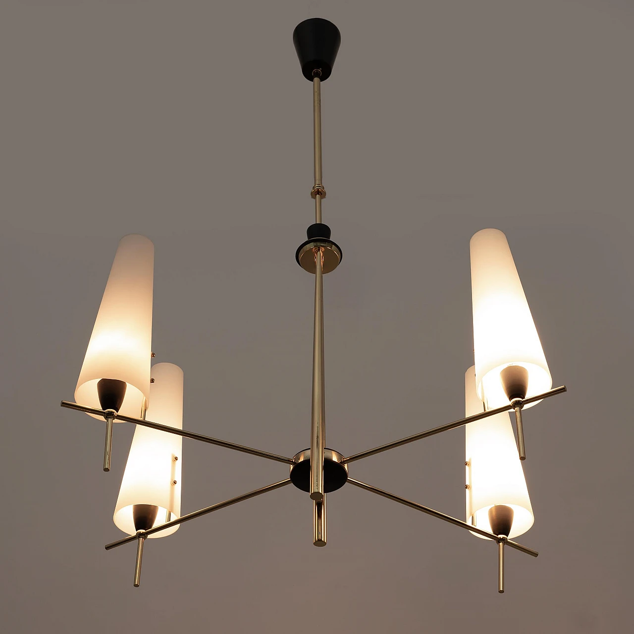 Brass and opaline glass chandelier in the style of Stilnovo, 1960s 2