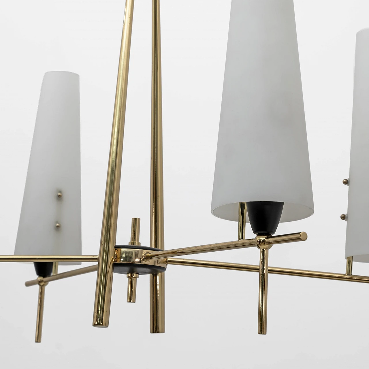 Brass and opaline glass chandelier in the style of Stilnovo, 1960s 3