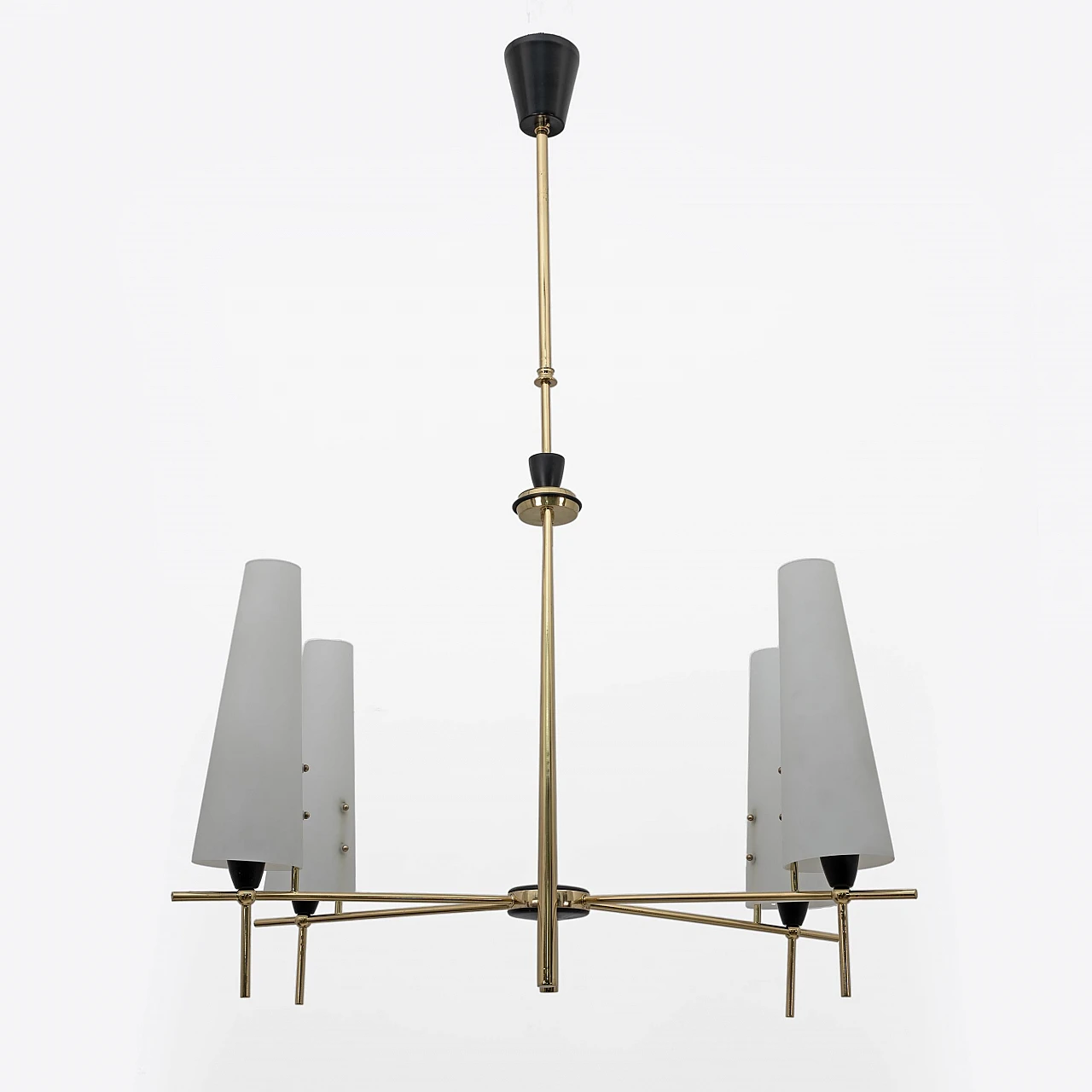 Brass and opaline glass chandelier in the style of Stilnovo, 1960s 6