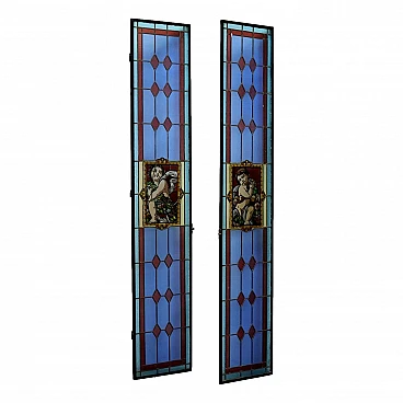 Pair of Art Nouveau stained glass windows with putti and flowers