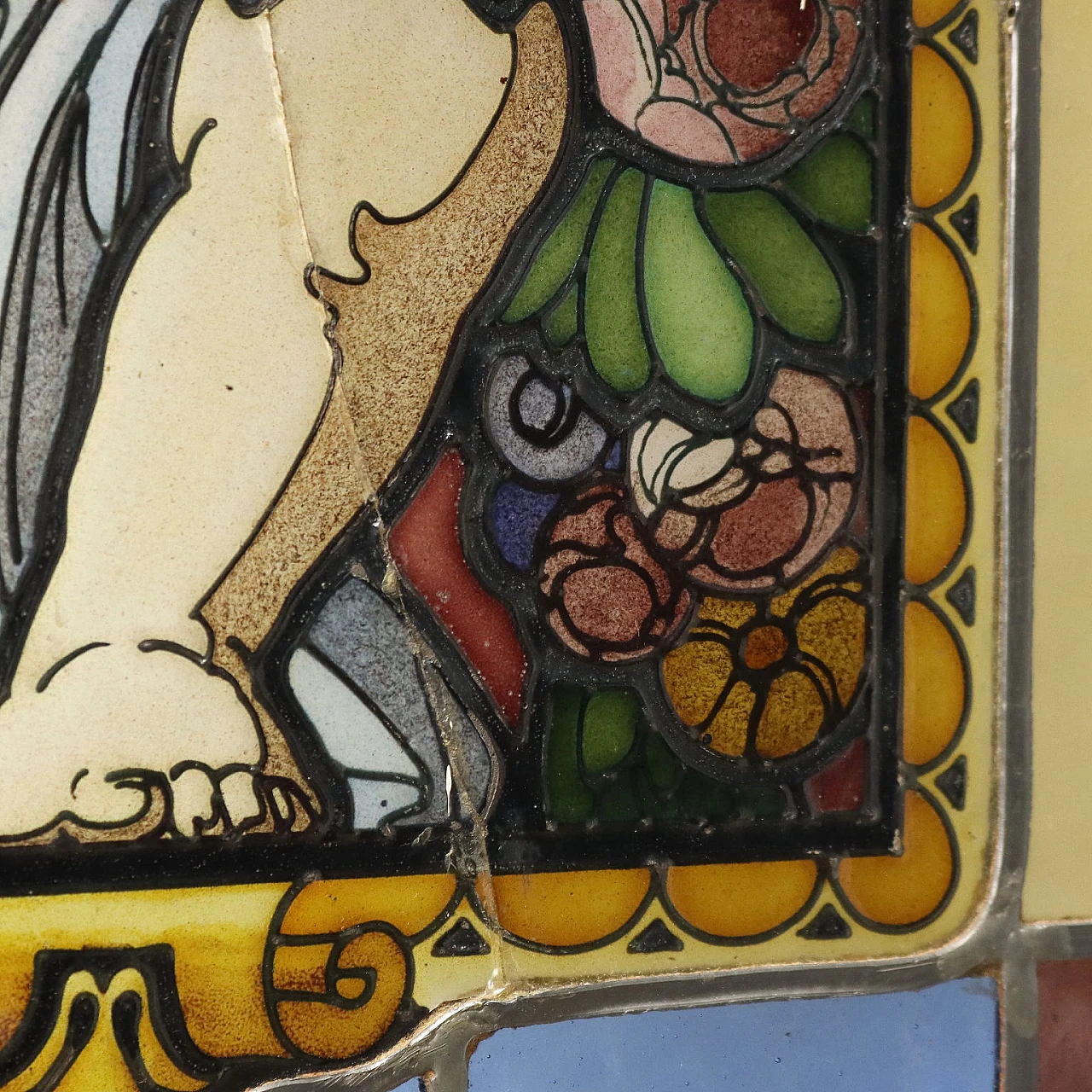 Pair of Art Nouveau stained glass windows with putti and flowers 10