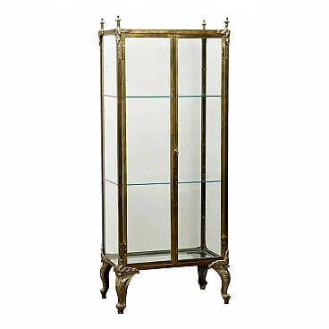 Brass & glass showcase with gilded bronze details and wavy feet