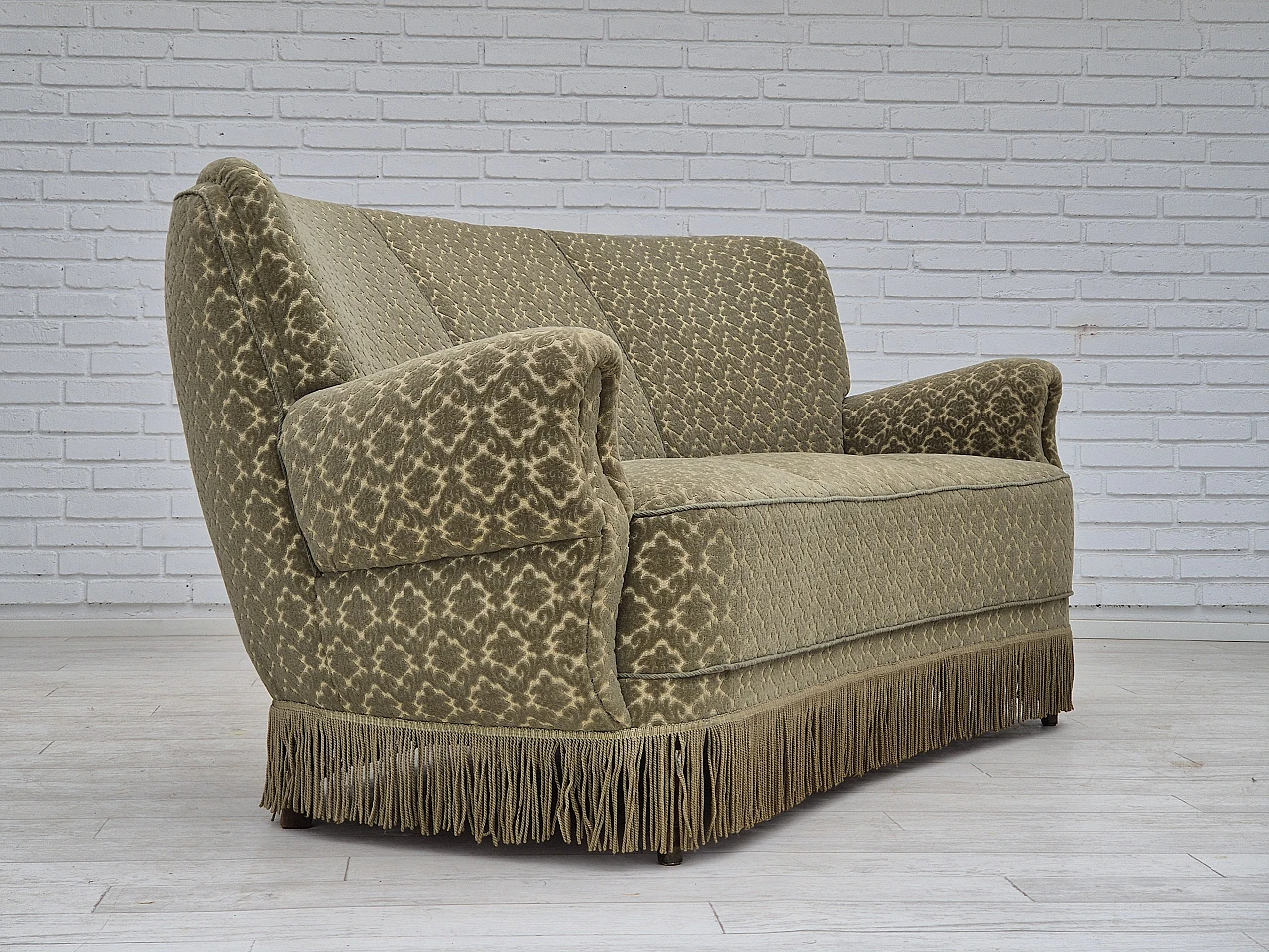 Danish green velvet and beech three-seater sofa, 1960s 1