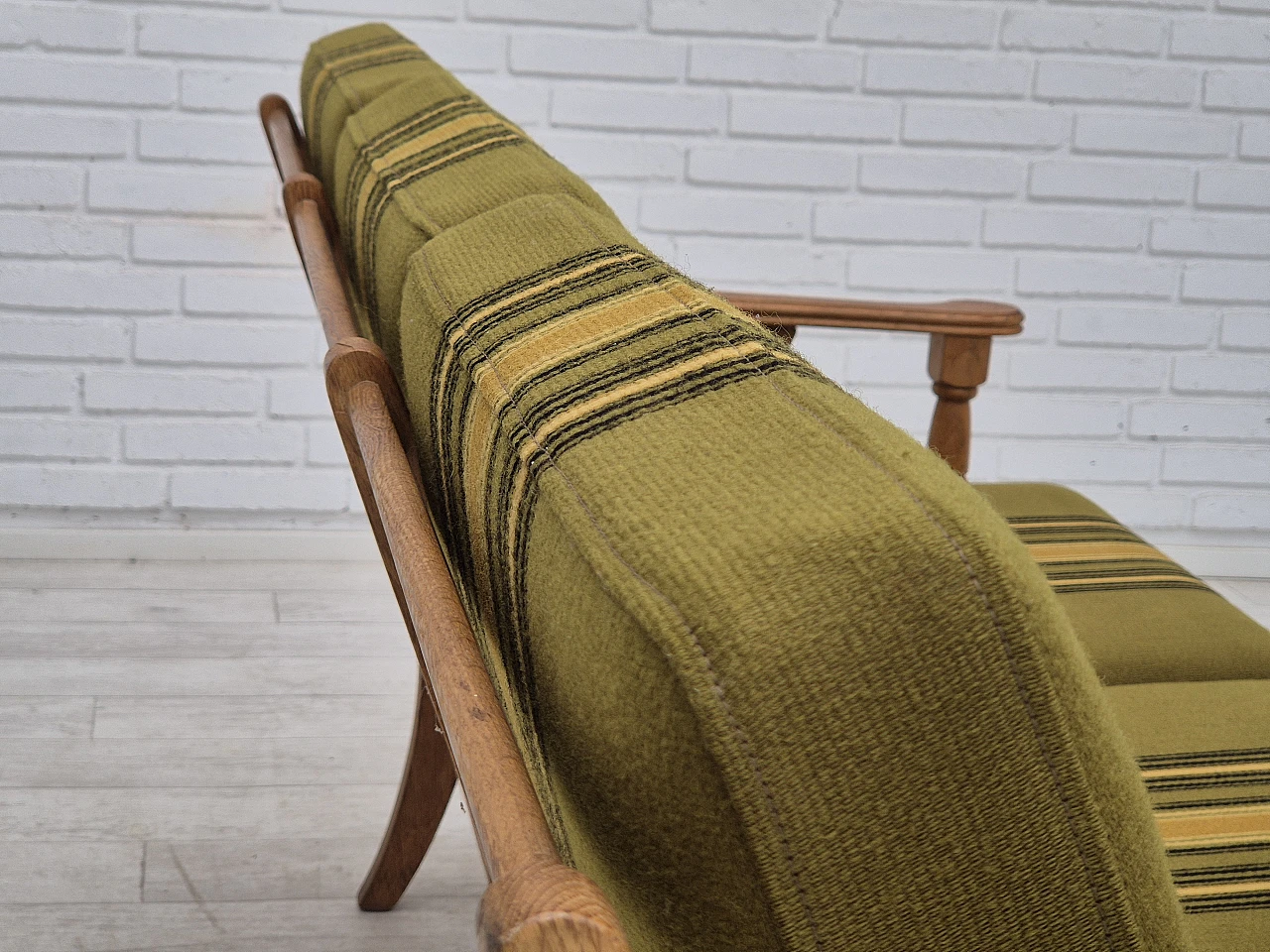 Danish three-seater green wool fabric and oak sofa, 1970s 14