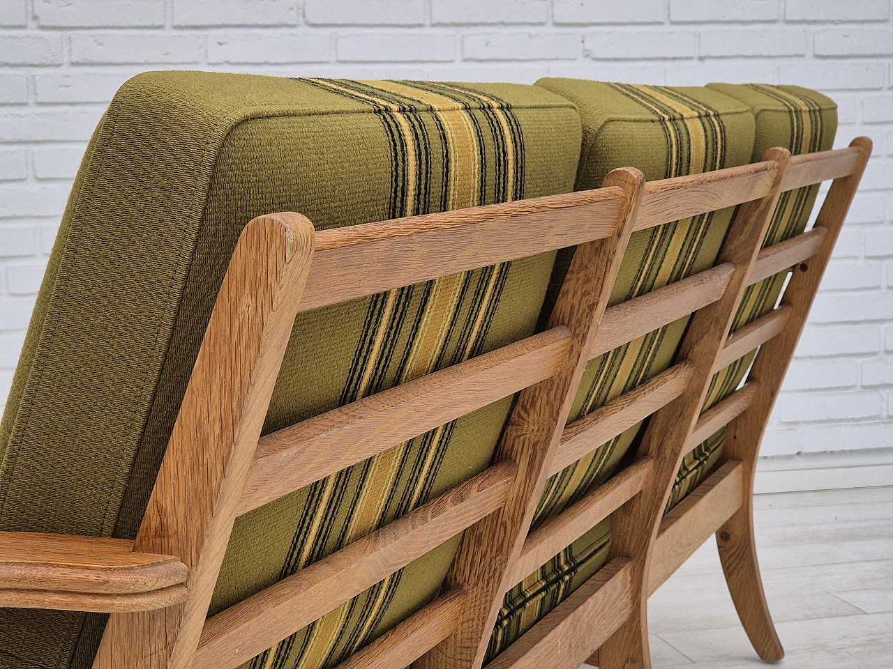 Danish three-seater green wool fabric and oak sofa, 1970s 16