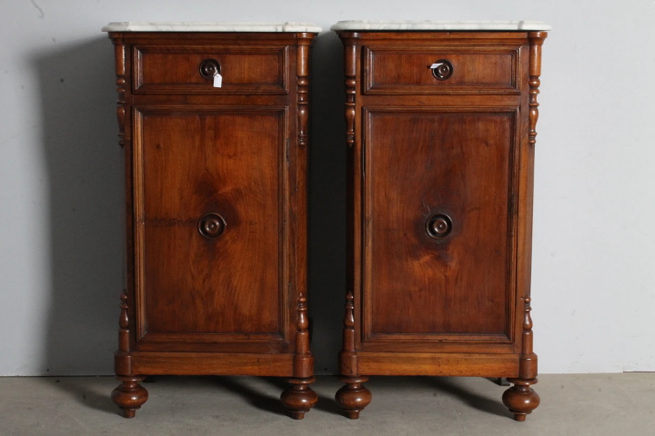 Pair of Louis Philippe bedside tables in walnut & marble, 1870 6