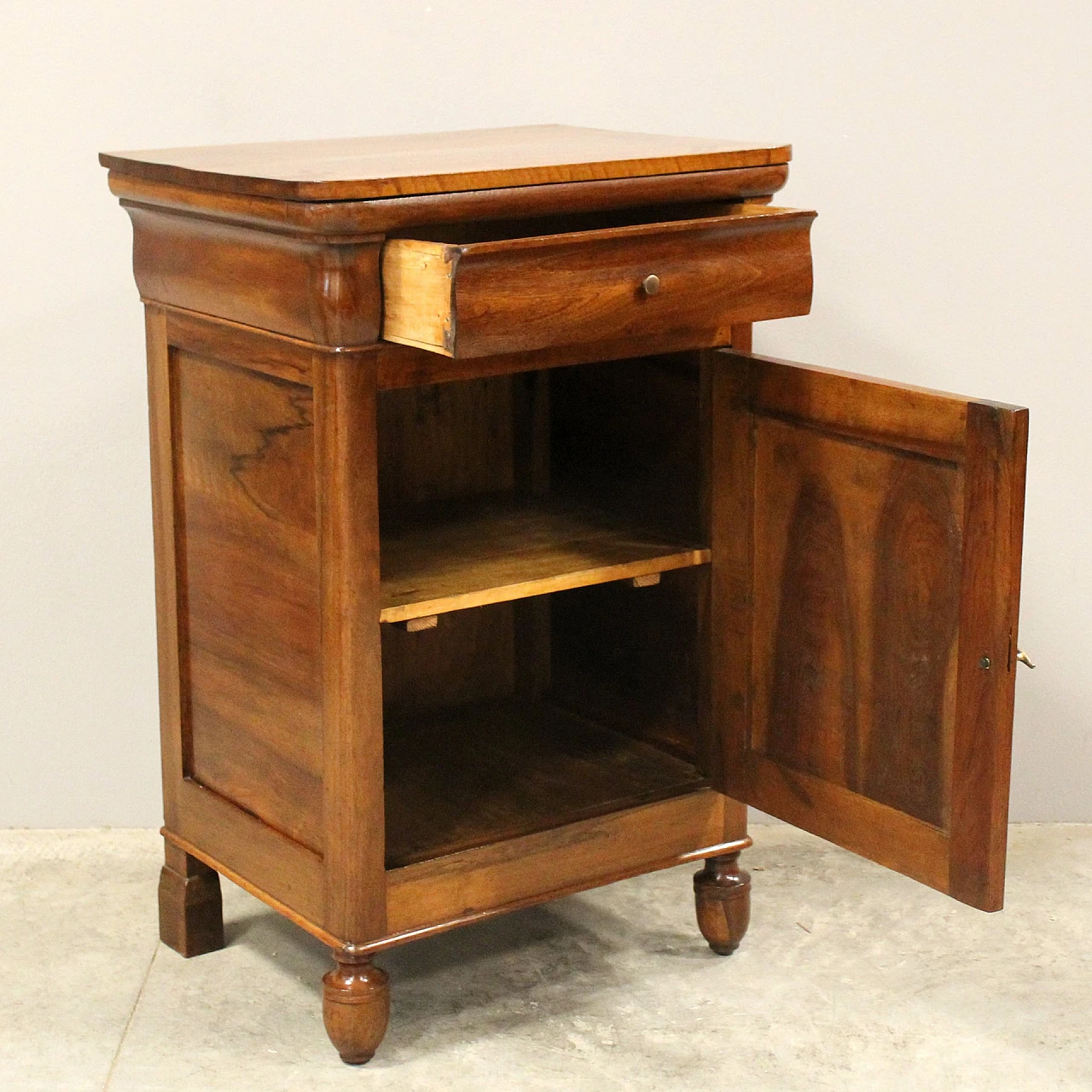 Charles X bedside table in walnut with drawer & door, 19th century 2