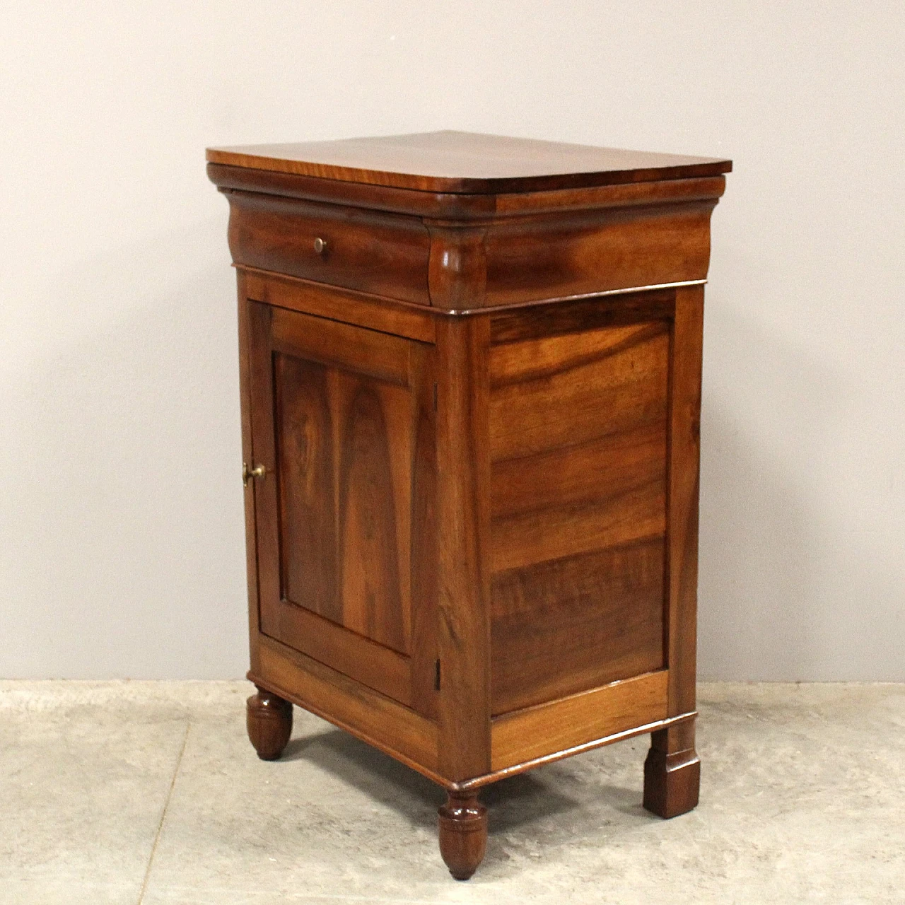 Charles X bedside table in walnut with drawer & door, 19th century 5