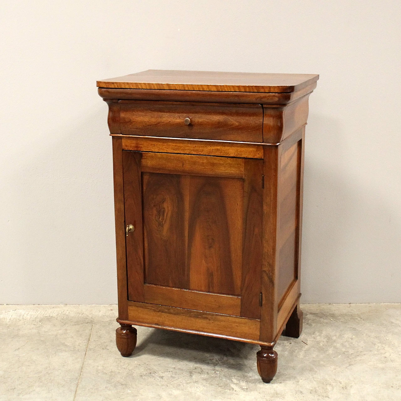 Charles X bedside table in walnut with drawer & door, 19th century 6