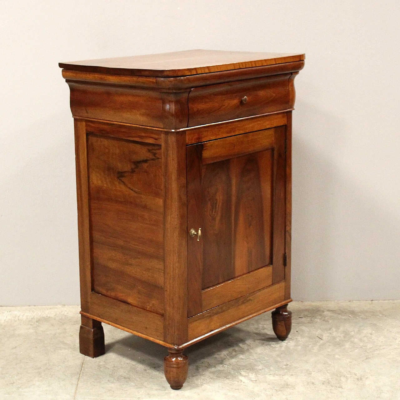 Charles X bedside table in walnut with drawer & door, 19th century 7