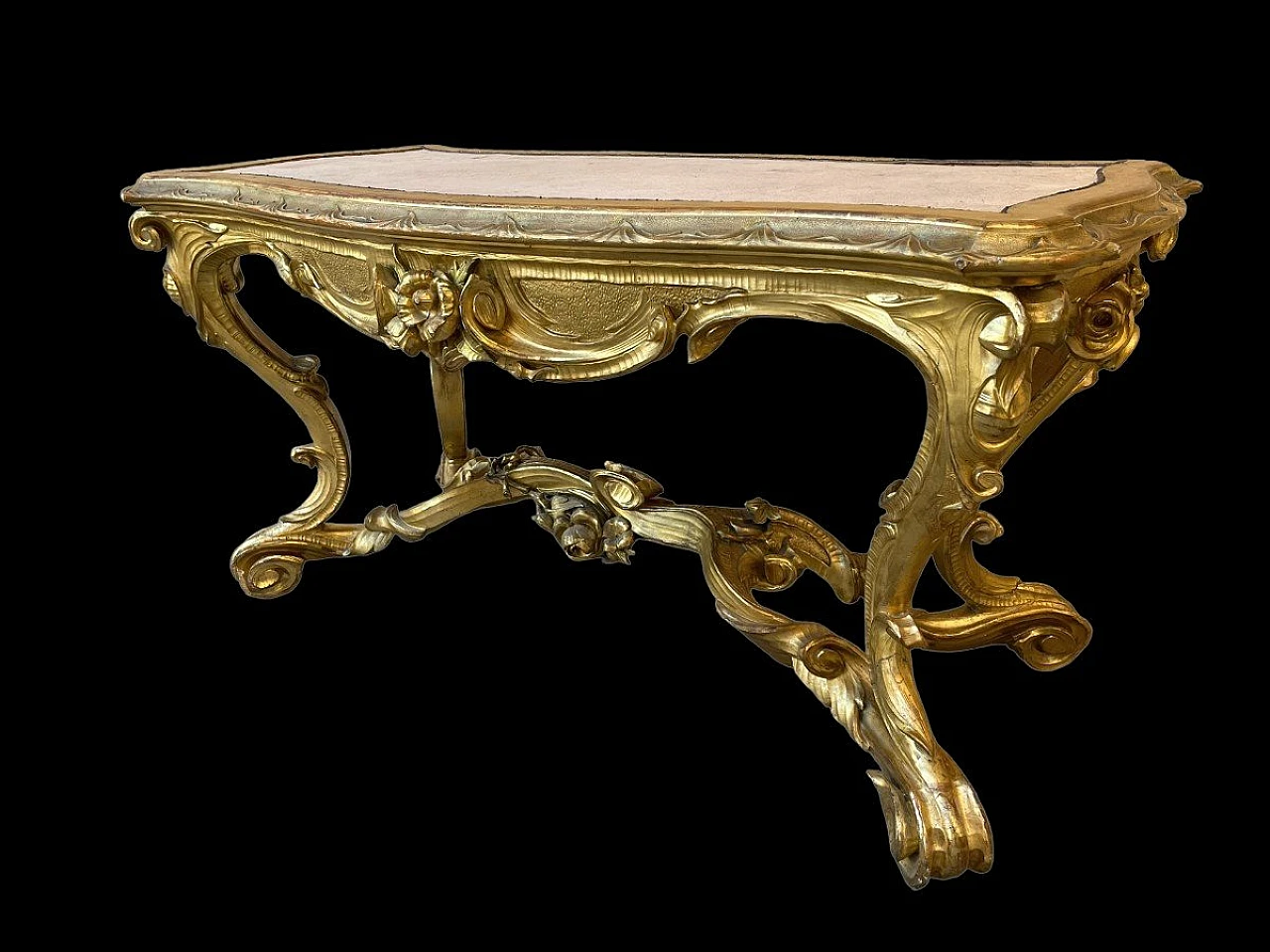 Coffee table in gilded & carved wood with fabric top, 19th century 1