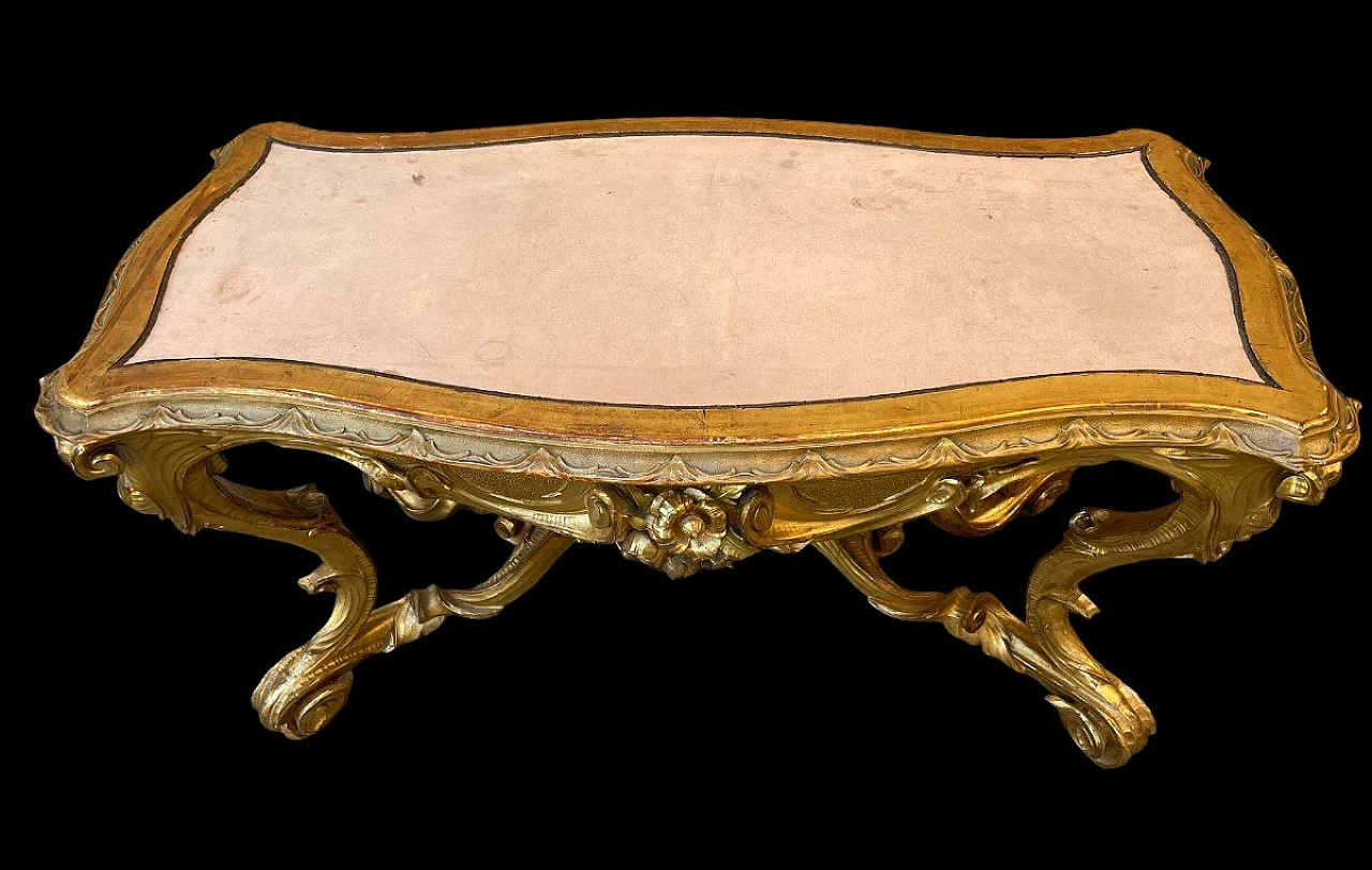 Coffee table in gilded & carved wood with fabric top, 19th century 2