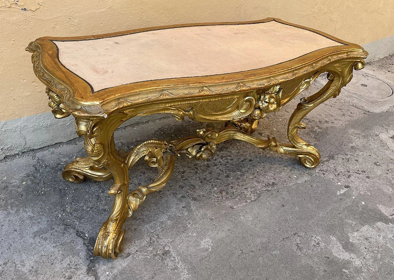 Coffee table in gilded & carved wood with fabric top, 19th century 3